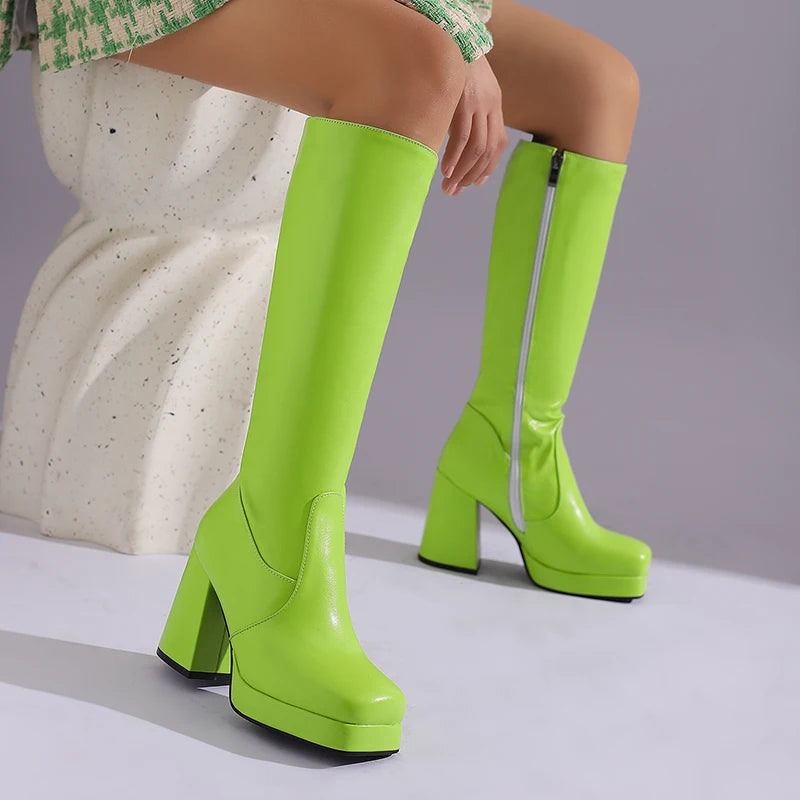 Soufree  -  Purple Pink Green Punk Shoes Knee High Boots Women Square Toe Platform Side Zipper Chunky High Heels Motorcycle Boots Size 47 48