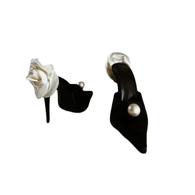 Soufree  -  sandals, women's new pointed thin heel single shoes, pearl bow back hollow high heels, Muller shoes