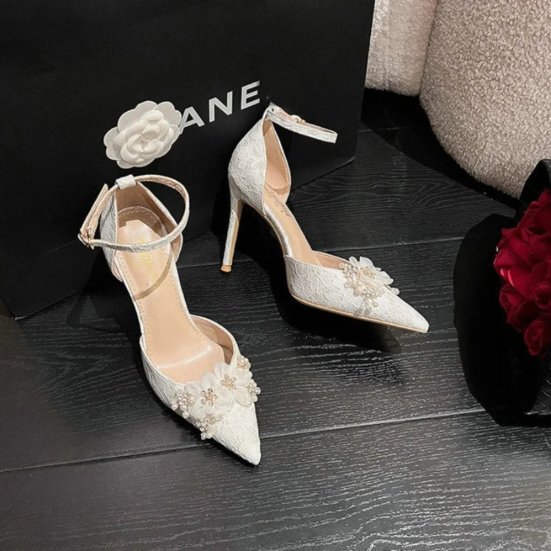 Soufree  - European Summer Sandals Thin Heel Pointed Toe High Heels Fashion White Flower Wedding Shoes Bridesmaid Pumps