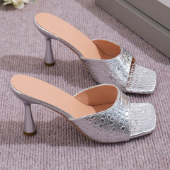 Soufree  -  Luxury Gold Silver High Heels Sandals Women Slip On Square Toe Summer Slippers Woman Plus Size 43 Thin Heeled Party Shoes