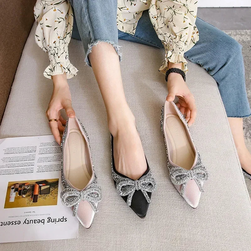 Soufree  -  unique shoes Ballet Flats Shoes for Women Fashion Rhinestones Bow Flat Footware Female Plus Size Moccasin Boat Shoes Chaussure Femme