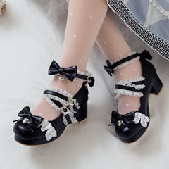 Soufree  -   Women High Heels Cross Strap Mary Jane Pumps Party Wedding White Pink Black Ruffles Bow Princess Cosplay Lolita Shoes 31-43