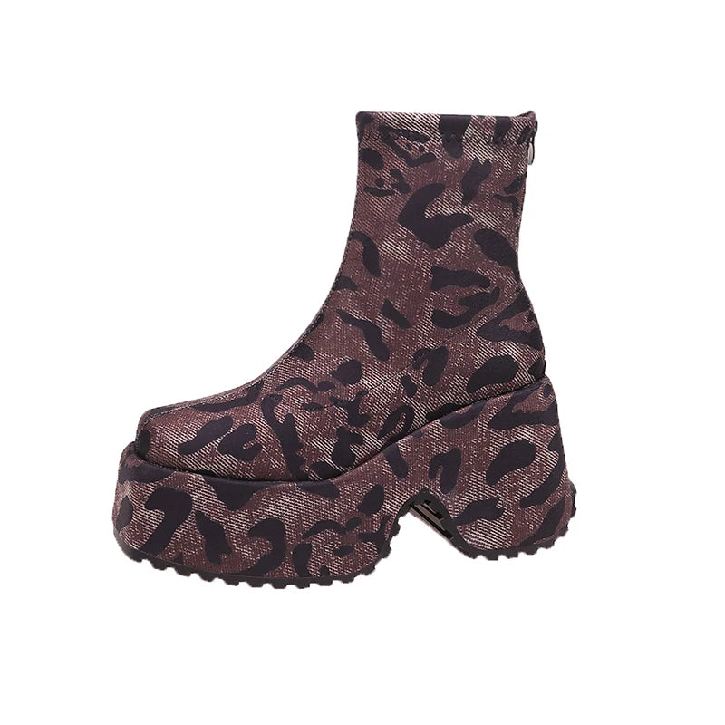 Soufree  -  Punk Style Platform Women Ankle Boots Fashion Leopard Short Booties Vintage Thick Heels Ladies Shoes