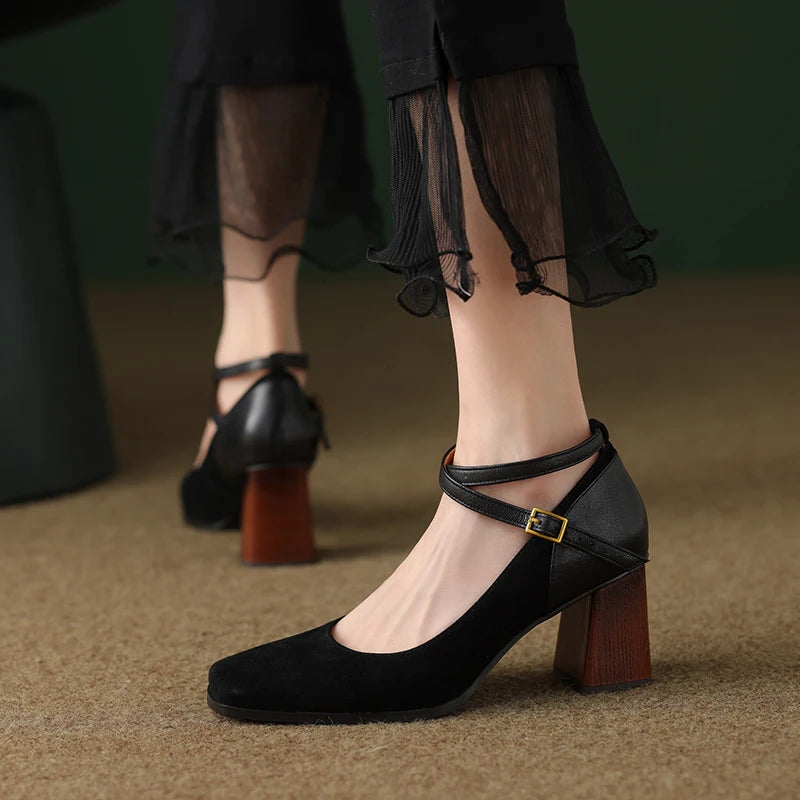 Soufree  -  prom shoes Spring Summer Elegant Fashion Women Pumps Suede Genuine Leather Square Toe High Heels Party Prom Ankle Strap Shoes Woman