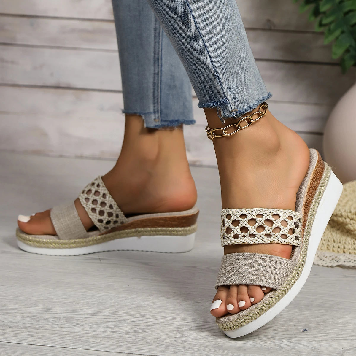 Soufree  -  Fashion Hollow Woven Bandage Sandals Fish Mouth Wrap The Instep Wedge Heel Slippers Women Comfortable Dressy Open Toe Shoes