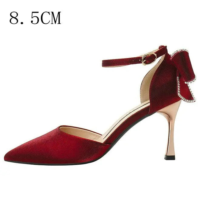 Soufree  - Star style Women Satin Pumps Fashion Rhinestones Stiletto High heels Party Shoes Summer Butterfly-knot Wedding Shoes