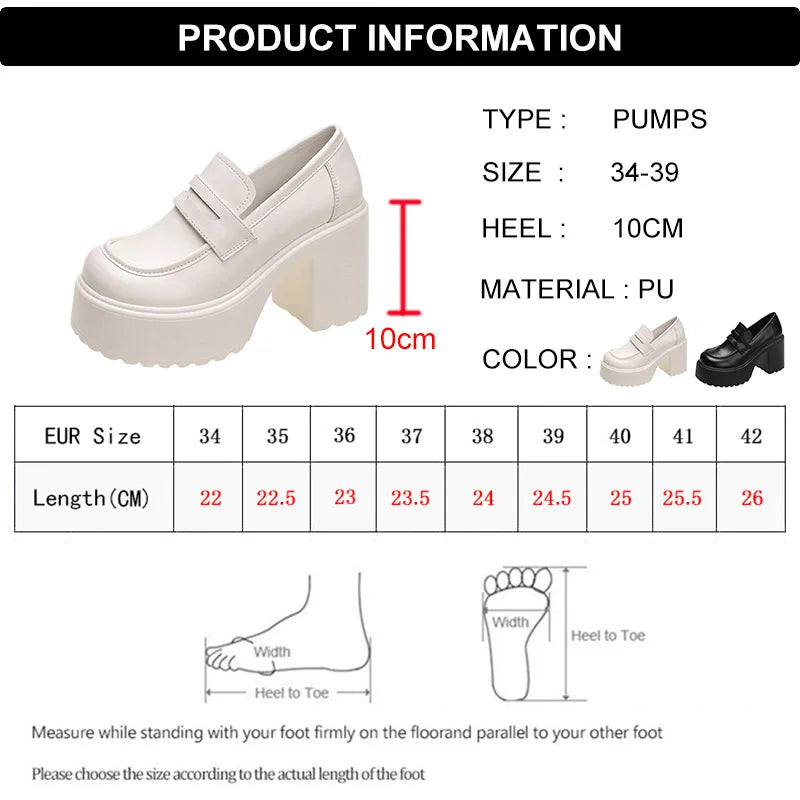 Soufree  -  Black White Chunky Platform Loafers Women Autumn Thick High Heel Pumps Woman Slip On Pu Leather Goth Shoes Female