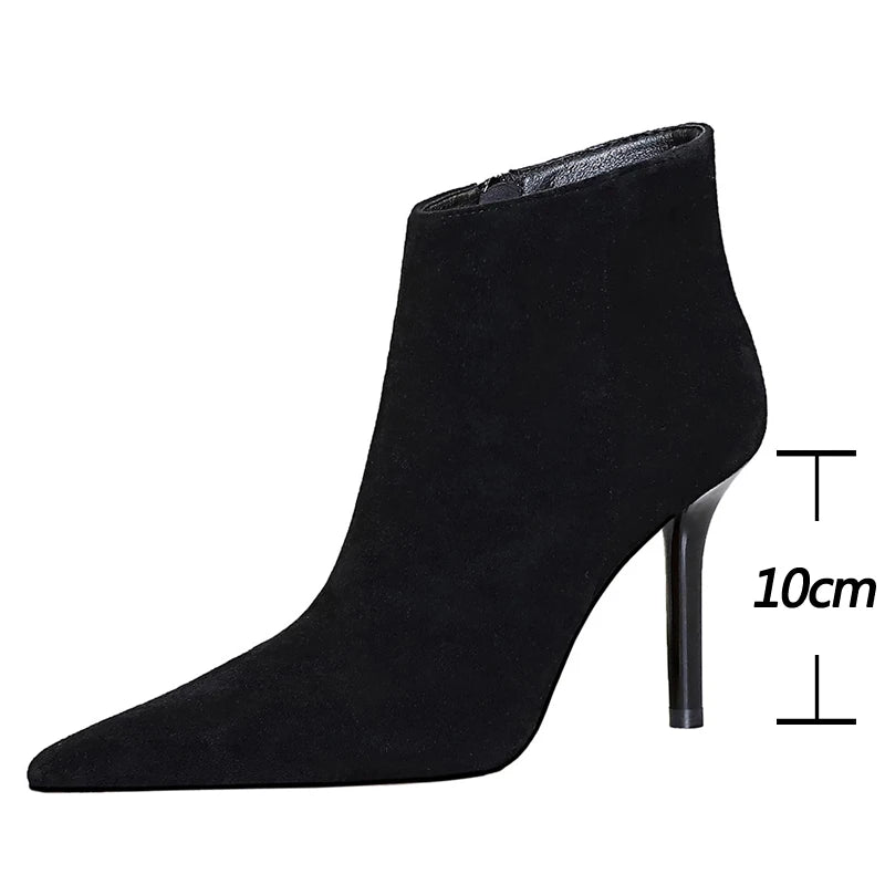 Soufree  -  Shoes Suede Ankle Boots For Women Heels Winter Boots Pointed Stilettos High-heeled Boots Side Zipper Black Short Boots