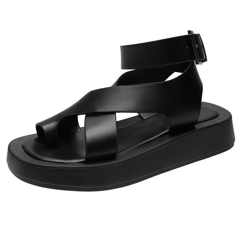 Soufree  -  Clip Toe Sandals Women Solid Leather Summer New Sandals Ladies Roman Women Shoes Muffin Sandals Platform Shoes Woman