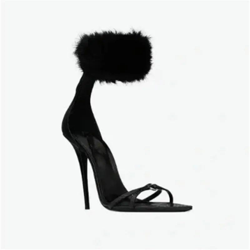 Soufree  - New Summer Sandals European Black Banquet With Sexy Mink Hair Sandals Women High Heels