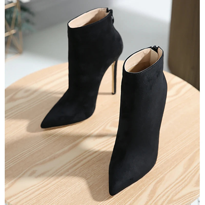 Soufree  -  Winter Women Ankle Boots Sexy Pointed Toe Thin High Heel Concise MATURE Zippers Party Dress Shoes Black Size 35-42