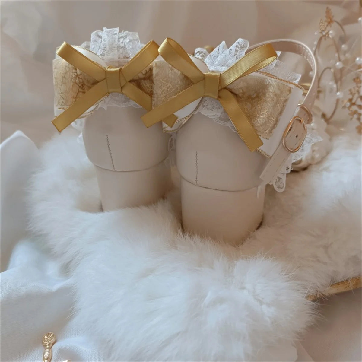 Soufree  -  Retro Court Style Lolita Cosplay Flower Wedding Girl Gorgeous Square Head Lace Ruffled Bow Gem Pearl 4.5cm High Heeled Shoes