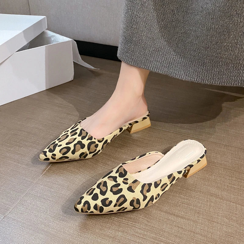 Soufree  -  New Summer Women Leopard Mules Slippers Fashion Shallow Pointed Toe Slides Shoes Ladies Casual Outdoor Low Heel Sandalias