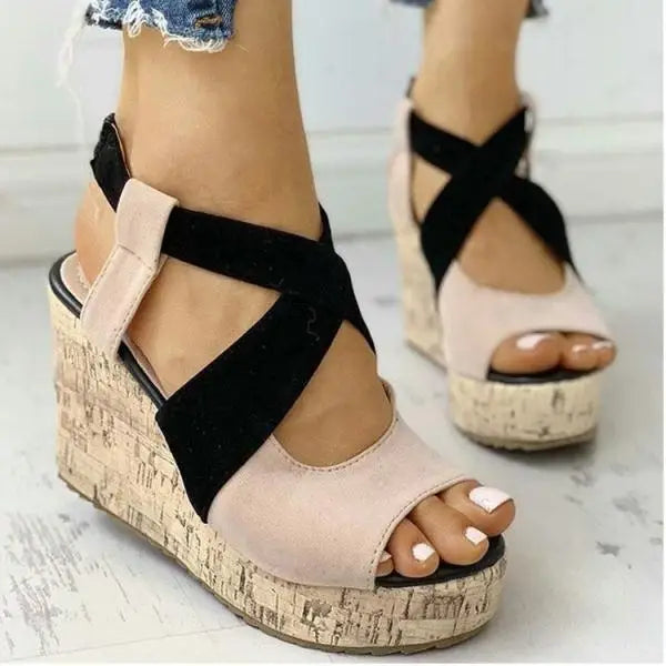 Soufree  -  Cross Large Size Beige Heeled Sandals Velvet Shoes Cross-Shoes Clogs Wedge Summer Espadrilles Platform Big Black High Suede