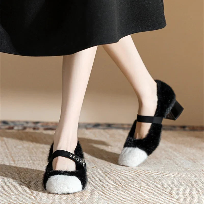 Soufree  -  Fashion Furry Mary Jane Shoes Women Winter Cute Warm High Heels Square Heel Belt Buckle Design Women Pumps Zapatos De Mujer