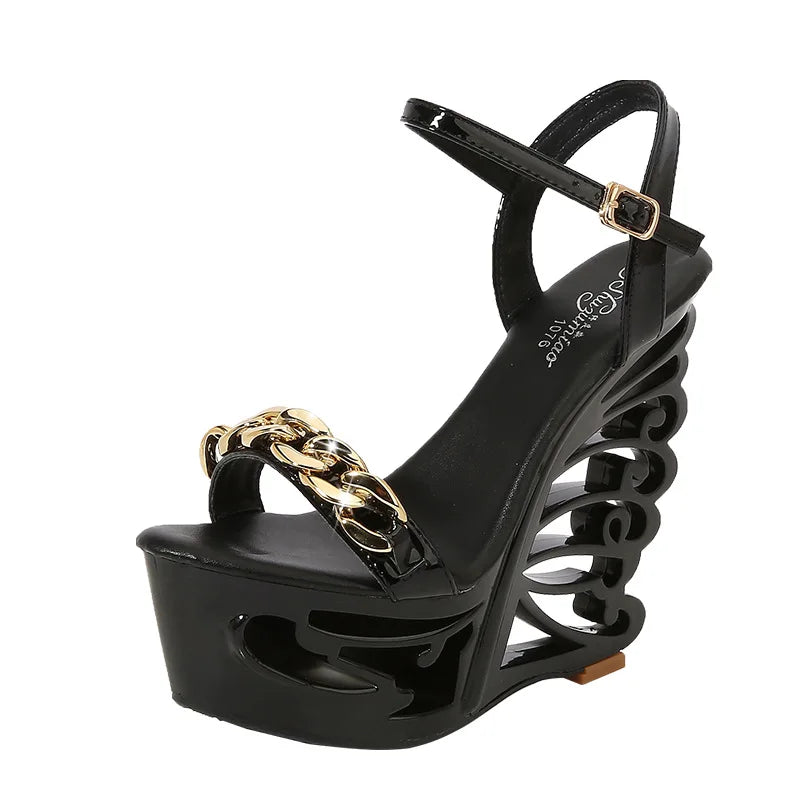 Soufree  -  Luxury Sandals Women Designers Riveted Metal Chain Transparent High Heels Open Toe Gold Wedges Platform Sandals Sandalias Mujer