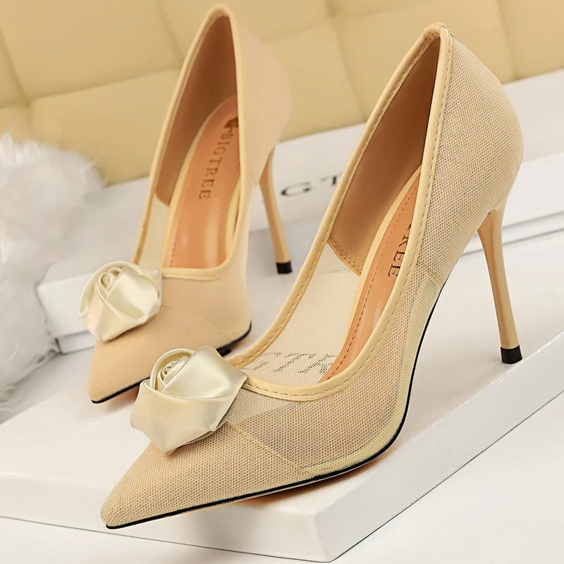 Soufree  -  Shoes Rose Flower Woman Pumps Mesh Hollow High Heels Sexy Party Shoes Stiletto New Pointed Toe Heels Shoes Ladies