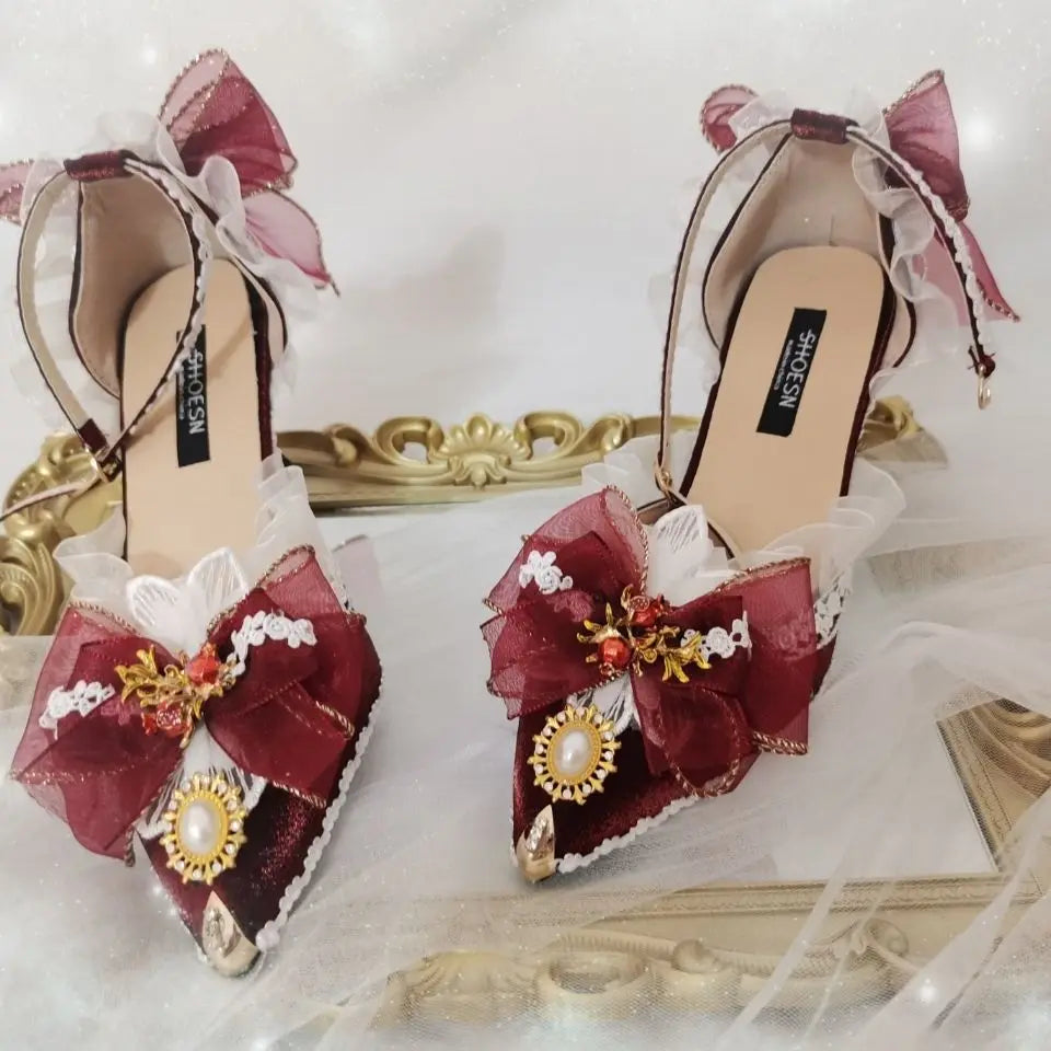 Soufree  -  Gorgeous Retro Red Pomegranate Lolita Flower Wedding High Heels Y2k Shoes Lolita Sweet Knot Shoes for Women Elegant and Classy