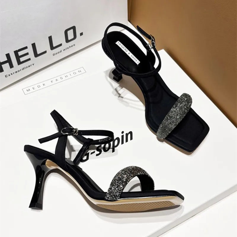 Soufree  -  Sexy Square Toe Thin Heeled Sandals Women Summer Fashion Rhinestone Letter Design Pumps Women Cross Strap Black High Heels