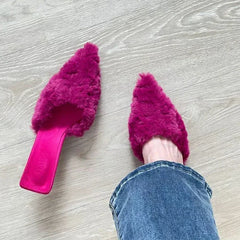 Soufree  -  trending shoes Women Fur Slippers Warm Mules Shoes Casual Mid Heels Boots New Pointed Toe Plush Slingback Flip Flops Cotton Boots