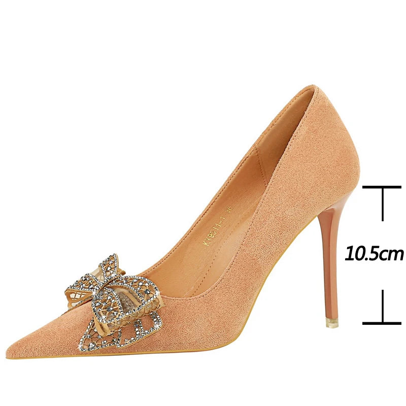 Soufree  -  Spring New Women Heels Fashion Women Pumps Rhinestone Bowknot High Heels Ladies Shoes Luxury Elegant Party Shoes Plus Size 43