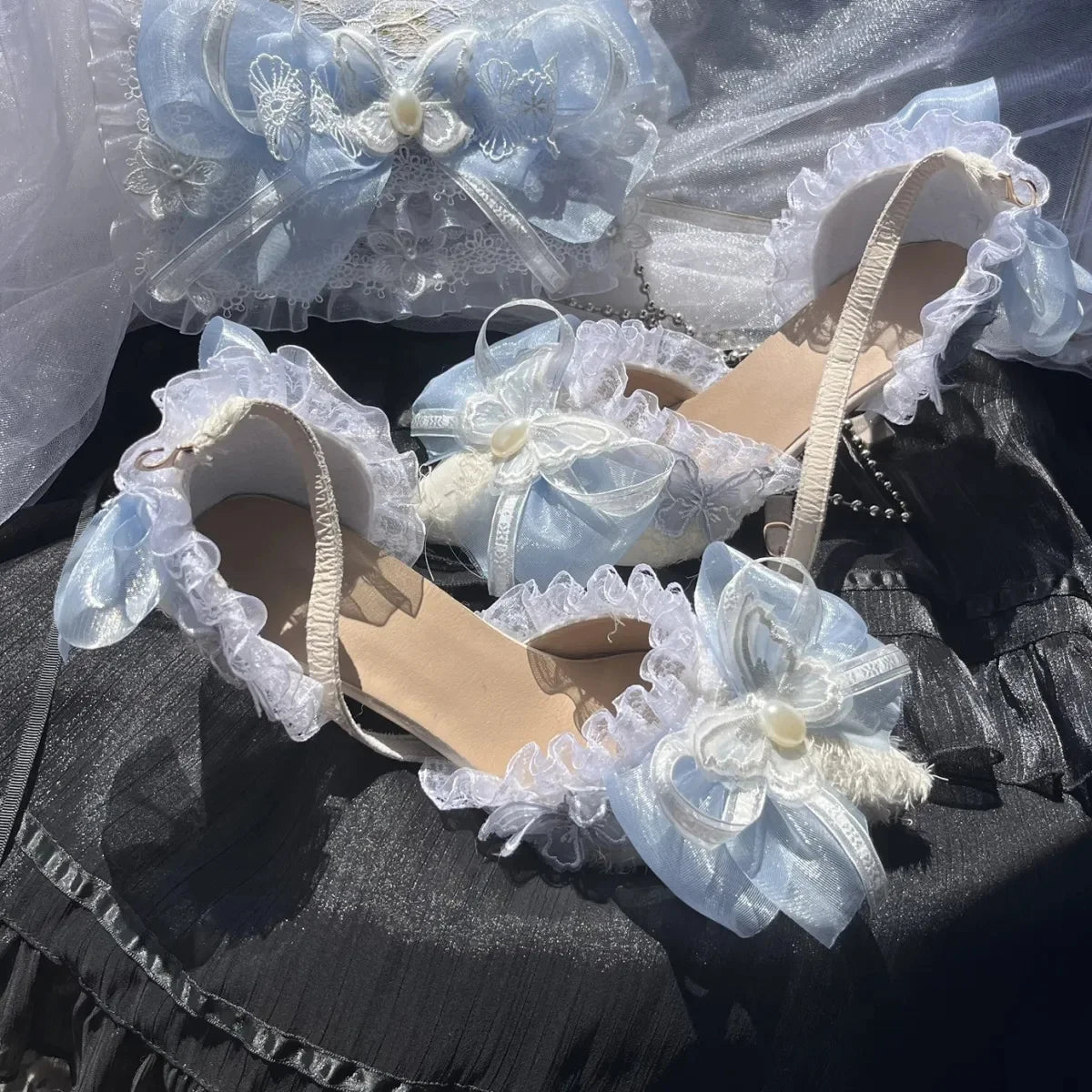 Soufree  -  Sweet Lolita Retro Court Style Cosplay Cute Loli Flower Wedding Girl Pearl Ribbon Butterfly Lace 8cm Pink Blue High Heeled Shoes