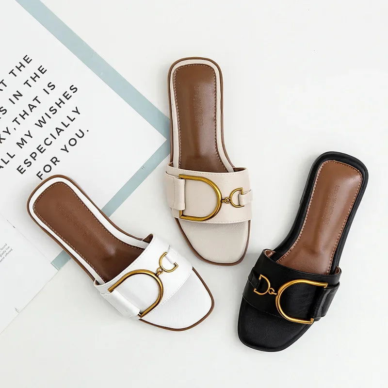 Soufree  -  Summer Women Slippers Leather Square Toe Women Flats Flip Flops Designer Ladies Slides Sandals Women Shoes Luxury Sandals