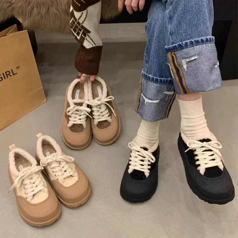 Soufree  -  Women Plush Casual Sneakers Non-Slip Thick Sole Warm Cotton Shoes Outdoor Suede Student Sports Shoes Retro Platform Women Shoes