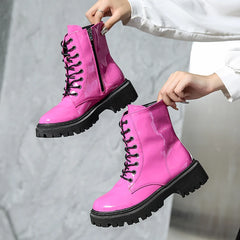 Soufree  - Lace Up Pink Ankle Boots Woman Patent Leather Platform Motorcycle Boots Woman Thick Heels Zipper Short Booties