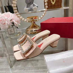 Soufree  -  Square buckle rhinestone fashionable women's shoes new square toe low thick heel open toe elegant sandals for external wear