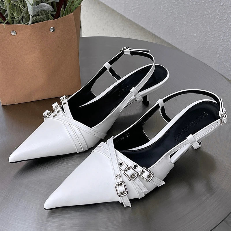 Soufree  -  Female Shallow Footwear New In  Ladies Medium Heels Shoes Slingbacks Fashion Metal Buckle Pumps Elegant Women Heeled Shoes