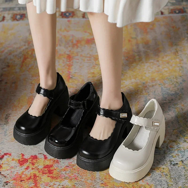 Soufree  -  Mary Jane Pumps Women Thick Sole Black High Heeled Lolita Brand Loafers Size 42 White Round Head Chunky Platform Shoes Female