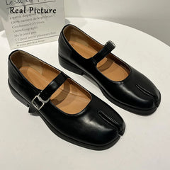 Soufree  -  Flats Split Toe Shoes Black Leather Loafer Brown Size 42 Fashion Buckle Mary Janes Flat Ninja Shoe Women