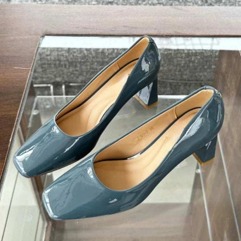 Soufree  -  prom shoes Spring  Autumn New High Heels Women Square Toe Pumps Female Fashion Concise Patent Leather Elegant Office Women's Shoes