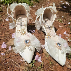 Soufree  -  Flower Wedding Lolita Handmade High Heels Female Pointed Bow Lolita Sandals Female Flora Star Picking Magic Single Shoes