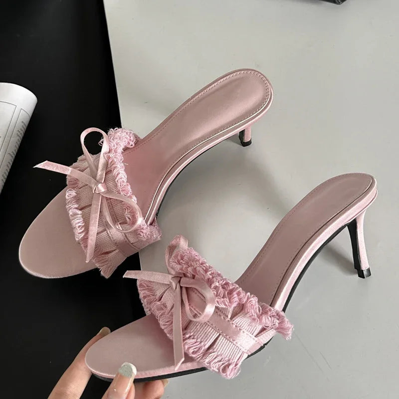 Soufree  -  Summer Silk Pleated Butterfly-knot Slippers Woman Fashion Thin Heels Party Stripper Ladies Mules Slides Luxury Design Sandals