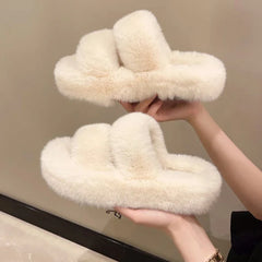 Soufree  -  New Winter Open Toe Slipper Fashion Fur Thick Sole Flats Heel Ladies Casual Slip On Bedroom Shoes Soft Outdoor Slides Shoes