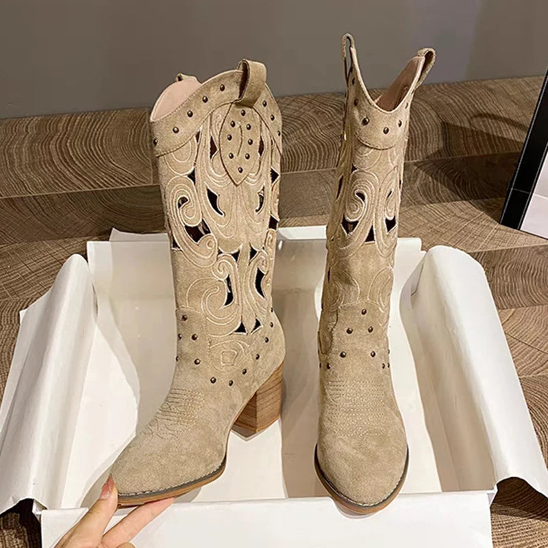 Soufree  -  Hollow Embroidered Vintage Western Boots Women Autumn Chunky Heels Knee High Cowboy Boots Woman Pu Leather Knight Booties