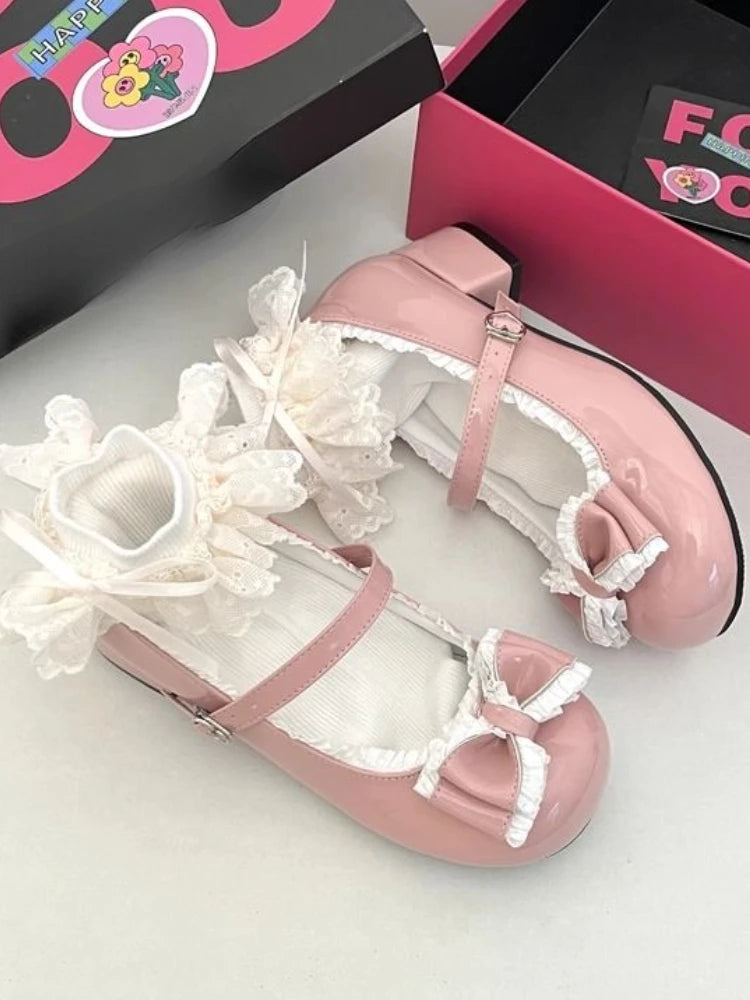 Soufree  -  Cute Sweet Bow Mary Jane Shoes Ladies Summer New Elegant Lolita Single Shoes Female Japanese Preppy Style Solid Fairy Shoes