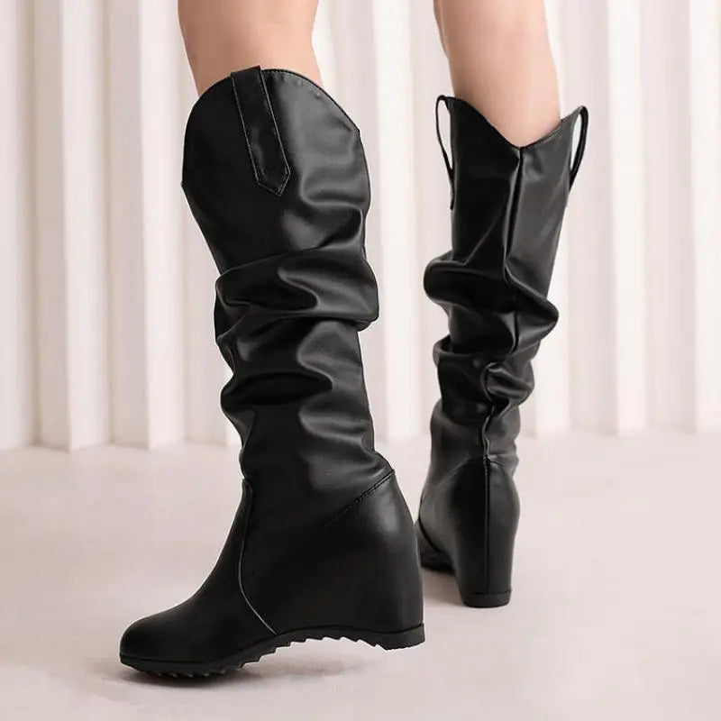 Soufree  -  Winter Wedge 8cm High Heel Large Size Long Boots Women Inner Height Increasing Heel Black White Knee Boots