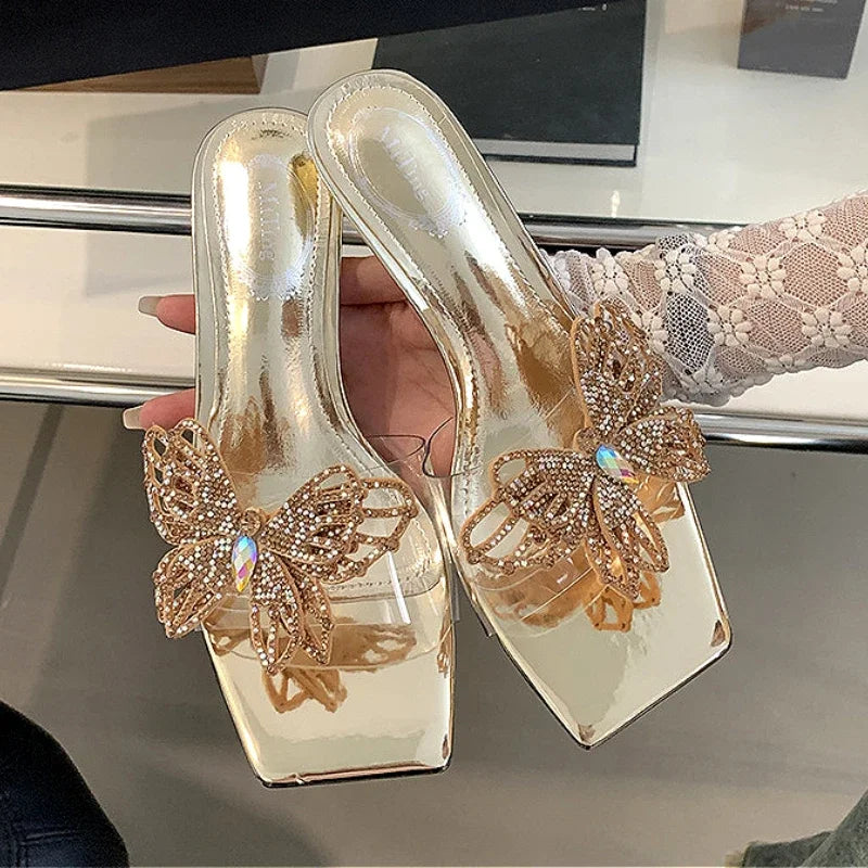 Soufree  -  Pvc Transparent Diamond Butterfly Sandals Women Square Toe Designer Slingback Shoes Open Toe Elegant Shiny Heeled Slippers Women