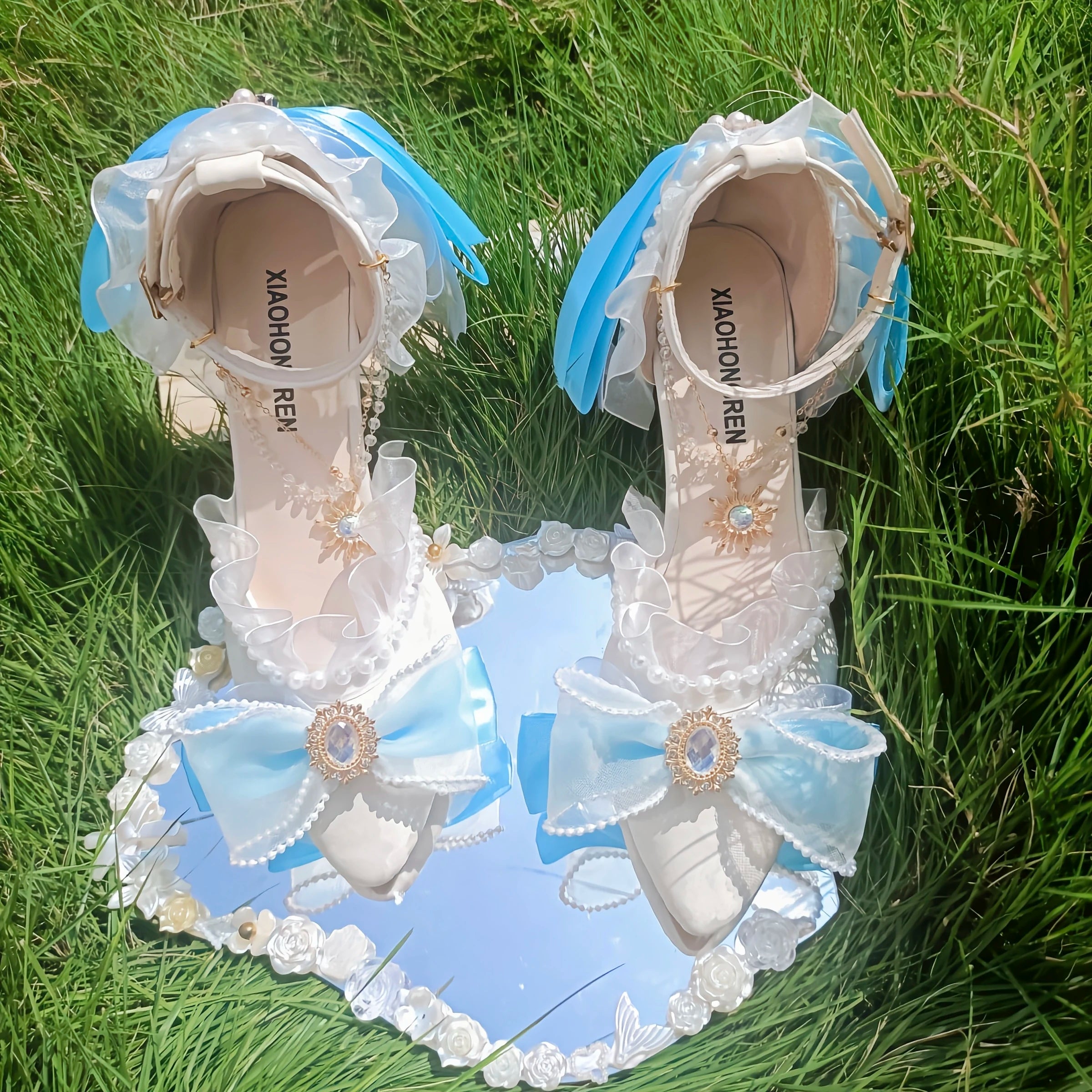 Soufree  -  Original Flower Wedding High Heels Lolita Pink Blue Thin Heel 6cm 8cm Lolita Cute Gentle French Sweet Loli Single Shoes