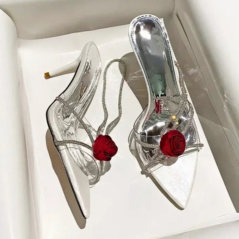 Soufree  -  Sexy Rose Flower Rhinestone Slingback Women Sandals Narrow Band Pointed Toe Back Strap High Heels Luxury Wedding Dress Shoes