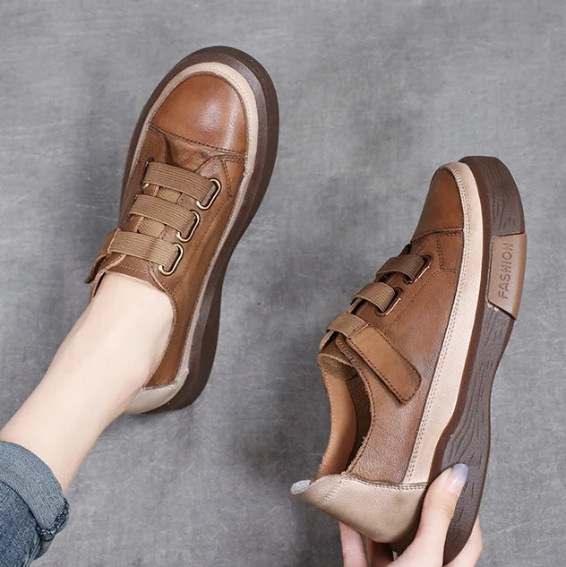 Soufree  - Cow leather sneaker sport Brown shoes women brogue derby lace up casual shoes outdoor walking footwear board shoes