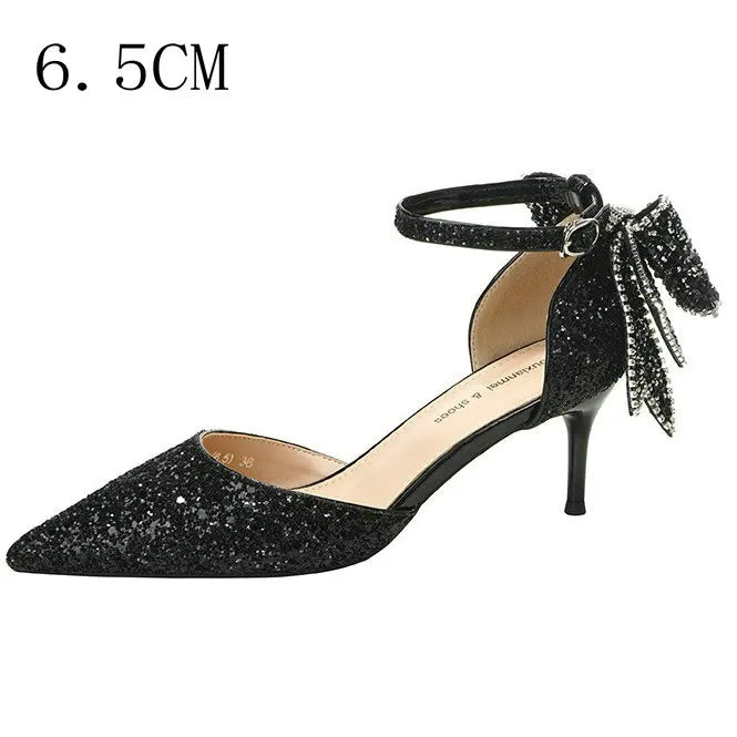 Soufree  - 8.5cm Wedding High Heels Bling Sequined Stiletto Heel Work Pumps Back Bowknot Pointed Toe Party Women's Shoes