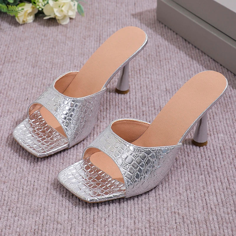 Soufree  -  Luxury Gold Silver High Heels Sandals Women Slip On Square Toe Summer Slippers Woman Plus Size 43 Thin Heeled Party Shoes