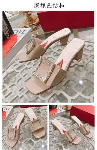 Soufree  -  Square buckle rhinestone fashionable women's shoes new square toe low thick heel open toe elegant sandals for external wear