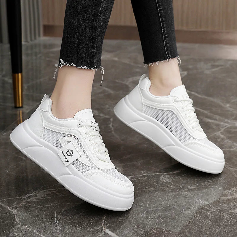 Soufree  -  Lightweight Mesh White Shoes for Women Summer Thick-soled Walking Casual Sneaker Increased Breathable Jogging Sports Shoes