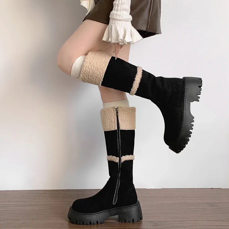 Soufree  -  Vintage Women Western Knee-High Boots Side Zippers Long Booties Comfort Short Plush Shoes Botas Mujer