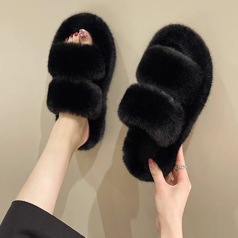 Soufree  -  New Winter Open Toe Slipper Fashion Fur Thick Sole Flats Heel Ladies Casual Slip On Bedroom Shoes Soft Outdoor Slides Shoes